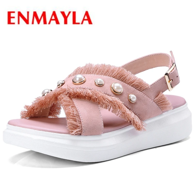 

ENMAYLA Genuine Leather Women Sandals Summer Fashion String Bead Sheepskin Women Gladiator Sandals Ladies Platform Shoes CR241