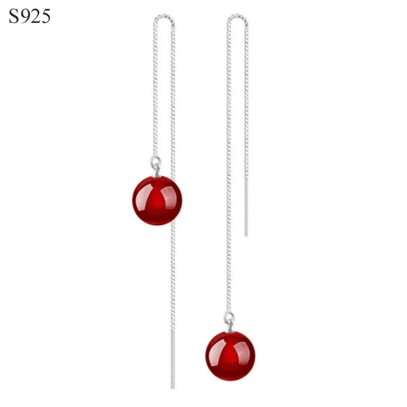 

100% Genuine Real Pure Solid 925 Sterling Silver Long Dangle Earrings Women jewelry Red Black Gem Stone Female Earrings Gift