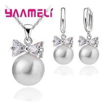 925 Sterling Silver Pearl Hoop Earrings Necklace Bowknot Crystal Jewelry Set For Women Girls Wedding Party Nice Gifts