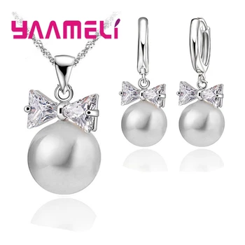 

925 Sterling Silver Pearl Hoop Earrings Necklace Bowknot Crystal Jewelry Set For Women Girls Wedding Party Nice Gifts