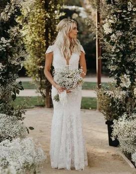 

robe de mariee 2019 Lace Beach Wedding Dress Sexy Backless Short Sleeve Boho Vestido De Noiva Elegant Mermaid Wedding Dress