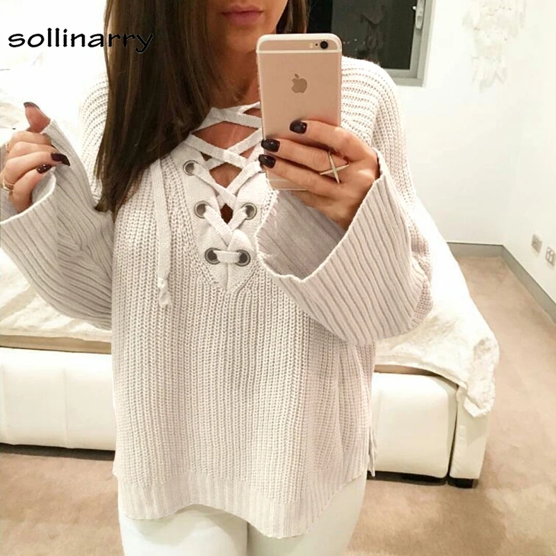 Sollinarry High Street Long Sleeve White Women Sweater Pullover Lace Up Sexy V NeckSolid Knit Winter | Женская одежда