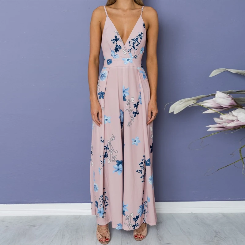 Fashion Floral Print Jumpsuit Women Summer Sexy Deep V