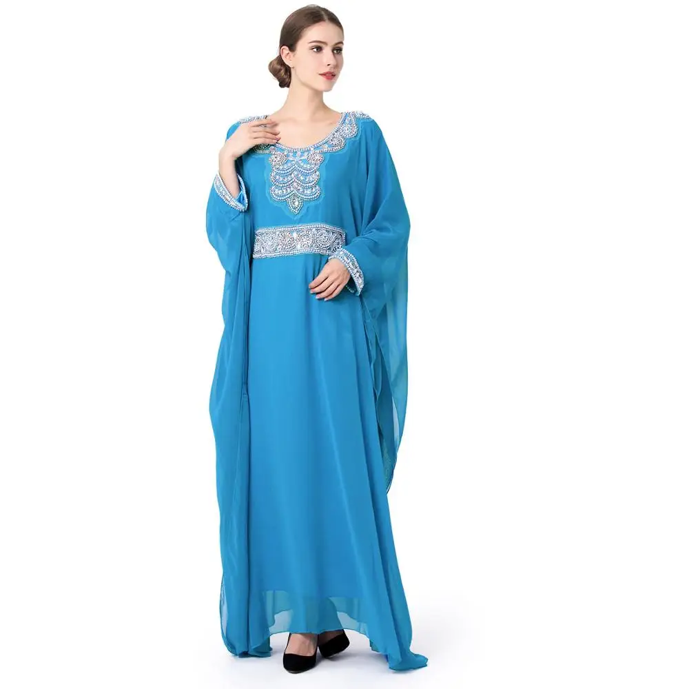 blue abaya for summer, abaya style, embroidered abaya, butterfly abaya, caftan abaya