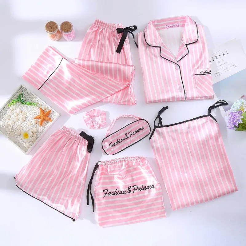 

8 Piece/Set Striped Pajamas Set Women Silk Rayon Spring Pyjamas Sexy Female Long Pants Shirt Stitch Lingerie 2019 Home Sleepwear