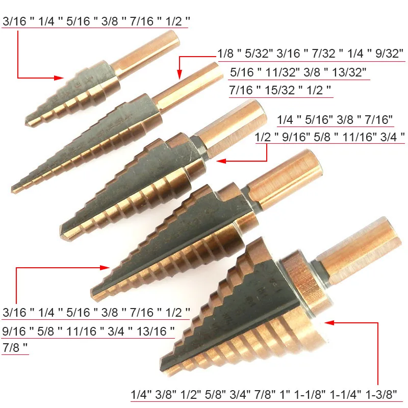 5 шт. Шаг сверло набор HSS Кобальт несколько отверстий 50 размеры SAE ступенчатые сверла 1/4-1-3/8 3/16-7/8 1/4-3/4 1/8-1/2 3/16-1/2 сверла