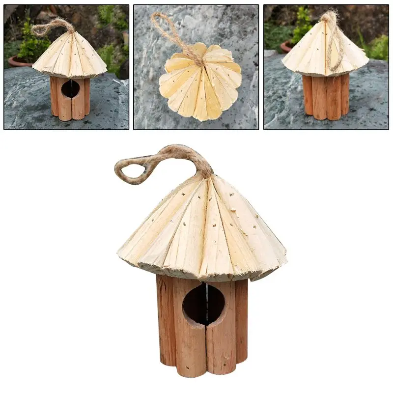 Fir Cone Bird House Wooden Birds Nest Handmade Wood Crafts With Rope Lanyard Hanging Birdhouse