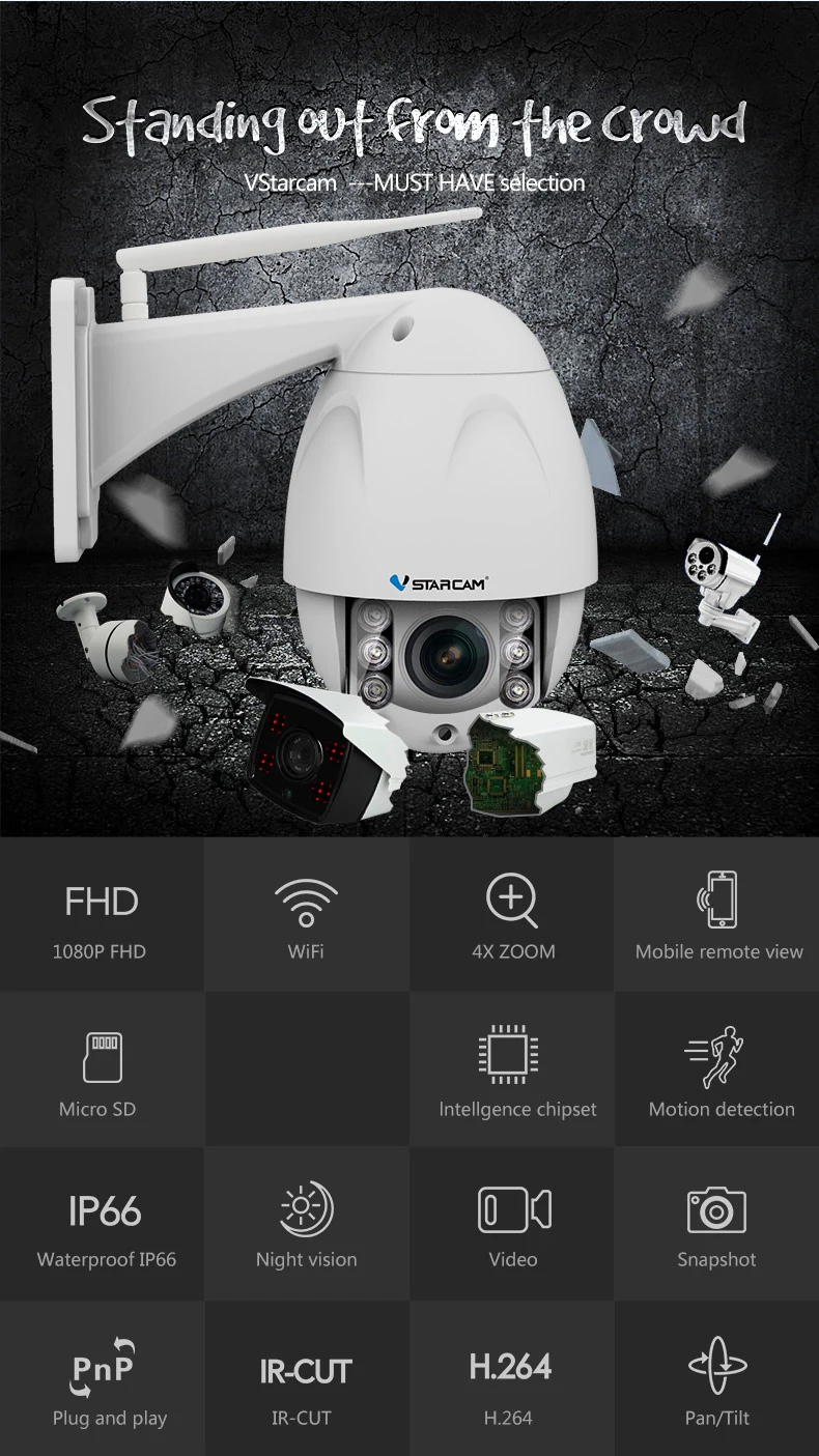 VStarcam, уличная ip-камера, 1080 P, Full HD, Wifi, купольная, IR, ночное видение, 4X зум, водонепроницаемая, CCTV, камера видеонаблюдения