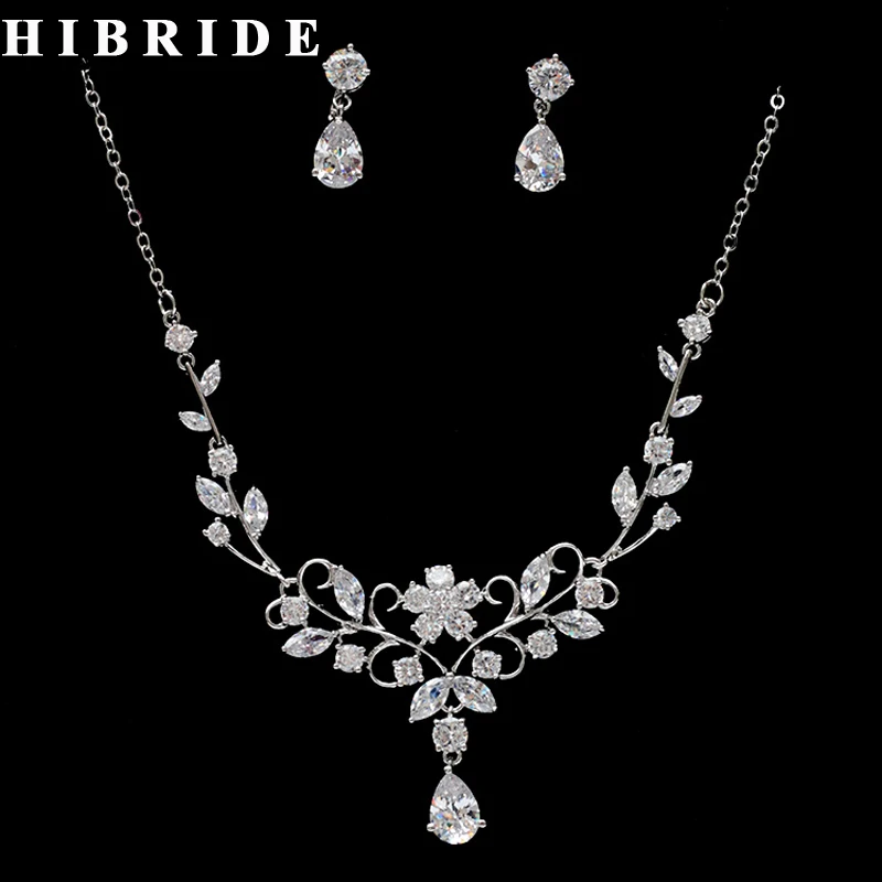 HIBRIDE Beautiful Flower Clear Cubic Zircon Pendant Women Wedding Necklace Earring Set Jewelry Sets Dress Accessories N-270 | Украшения и