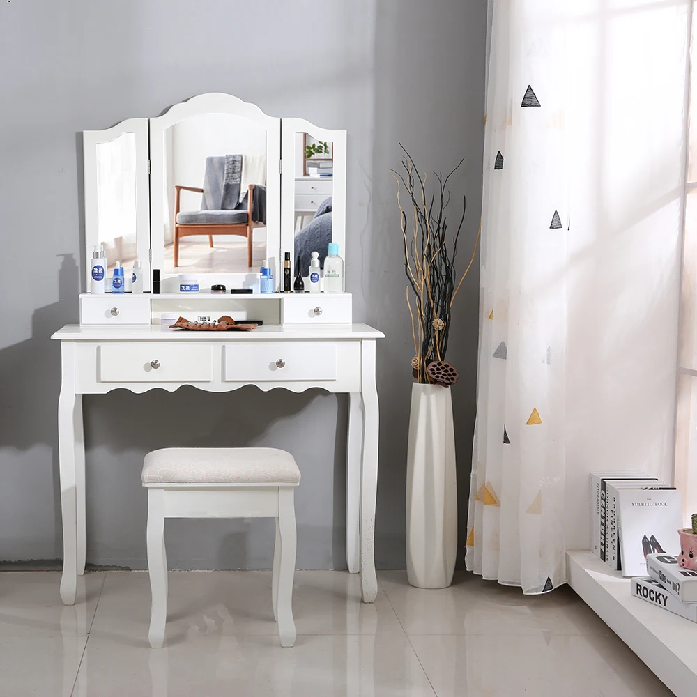 

Fashion Dresser Bedroom Simple Vanity Makeup Table Set with Stool & Mirror & 4 Drawers Ship From France HWC