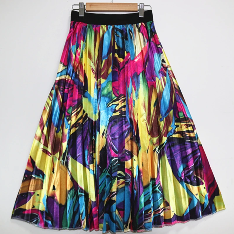 

New-coming Spring Rainbow Discoloration Silk Surface Retro Women Skirt High Street Style A-line Striped Pleated Skirts