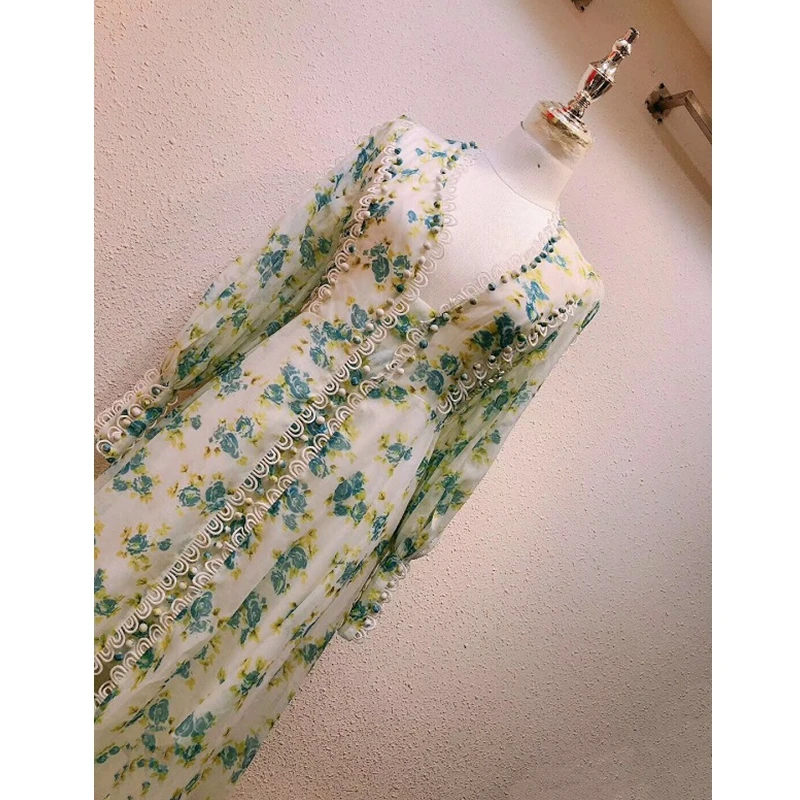 Fashion Show Floral Dress Long Sleeve Sexy Slit Deep V Neck Long Dress Elegant Summer Sexy Evening Celebrity Party Vestidos