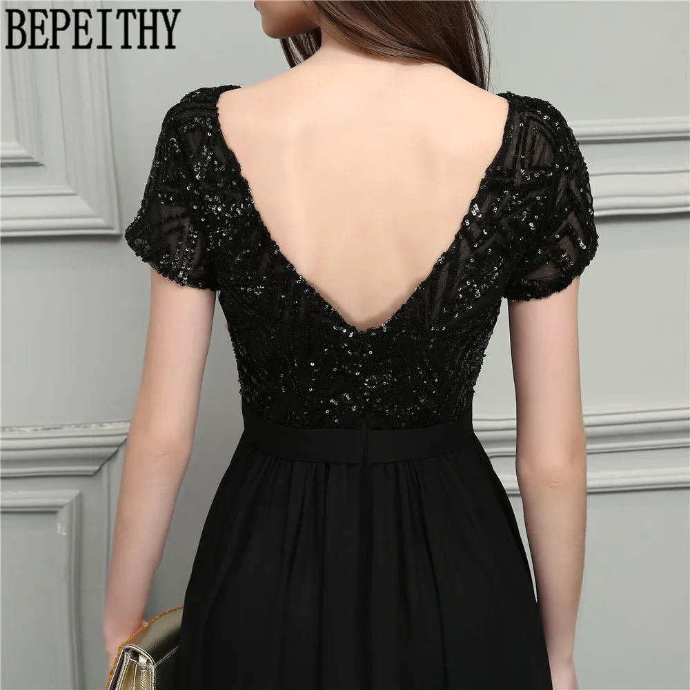 BEPEITHY vestido de festa Longo Scoop короткий рукав черный блёстки шифон Длинные мать невесты платья, выпускное платье 2019