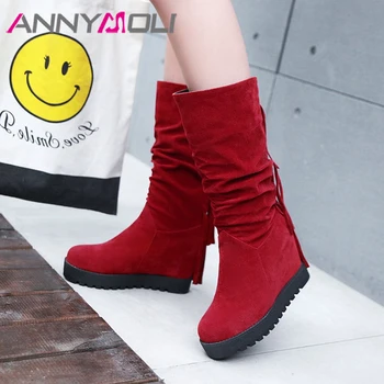 

ANNYMOLI Autumn Mid-Calf Boots Women Boots Fringe Height Increasing Boots Pleated Round Toe Shoes Lady Winter Red Big Size 34-43