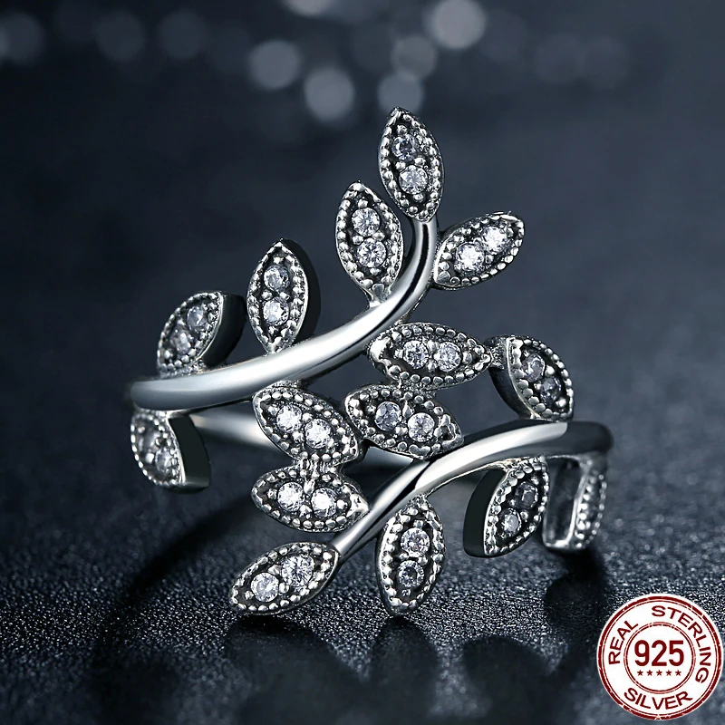 pure 925 Sterling Silver rings for women,s925 silver Sparkling LEAVES WITH clear CUBIC ZIRCONIA