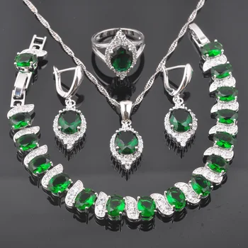 

Green Stone White Zirconia Silver Color For Women Jewelry Sets Bracelet Necklace Pendant Earrings Ring QS0516
