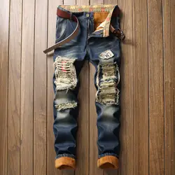 Хип-хоп 2019 мужские зимние теплые джинсы брюки с флисовой подкладкой рваные джинсы джинсовые потертые байкерские джинсы Уличная одежда
