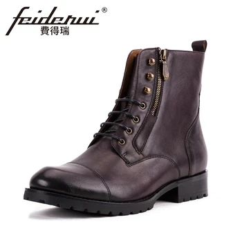 

Classic Genuine Leather Men's Formal Platform Ankle Boots Round Toe Lace-up Handmade Outdoor Riding Shoes For Man KUD214