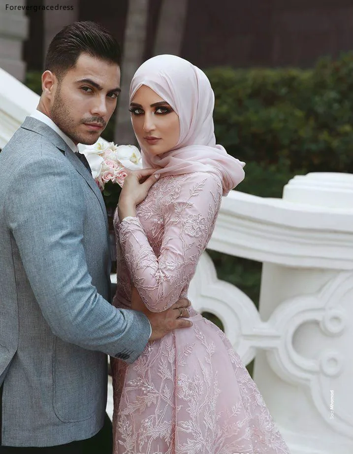 Vintage Long Sleeves Pink Mermaid Wedding Dresses Arabic Dubai Muslim Bridal Gowns With Detachable Train Appliques Sequins Wedding Gowns  169 (4)