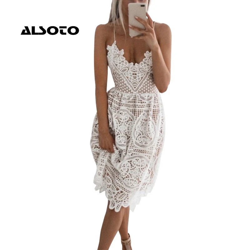

Women Summer Dress Sexy Party Deep V Neck Backless Lace Dresses Fashion Sleeveless Halter Bandage Midi Dress