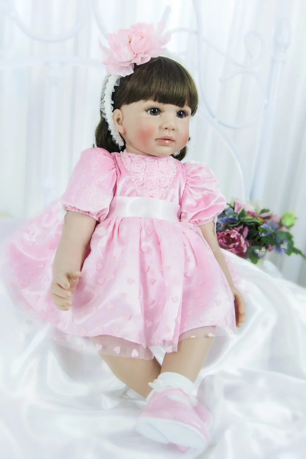 Pursue 24/60 cm Pink Dress Baby Alive Silicone Reborn Toddler Baby Princess Girl Doll Toys for Children Girls Bedtime Fun Gifts