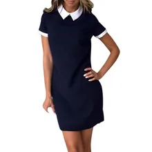 Women's Dress Summer Solid Short Sleeve Female Dress Cute Peter Pan Collar Girl Dresses peter pan collar smock dress