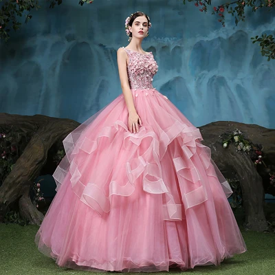 Новинка года, Розовое Бальное Платье, милые 16 платьев для 15 лет, кружевные бальные платья с открытой спиной и цветами, платья для выпускного вечера, Vestidos De 15 Anos - Цвет: Розовый
