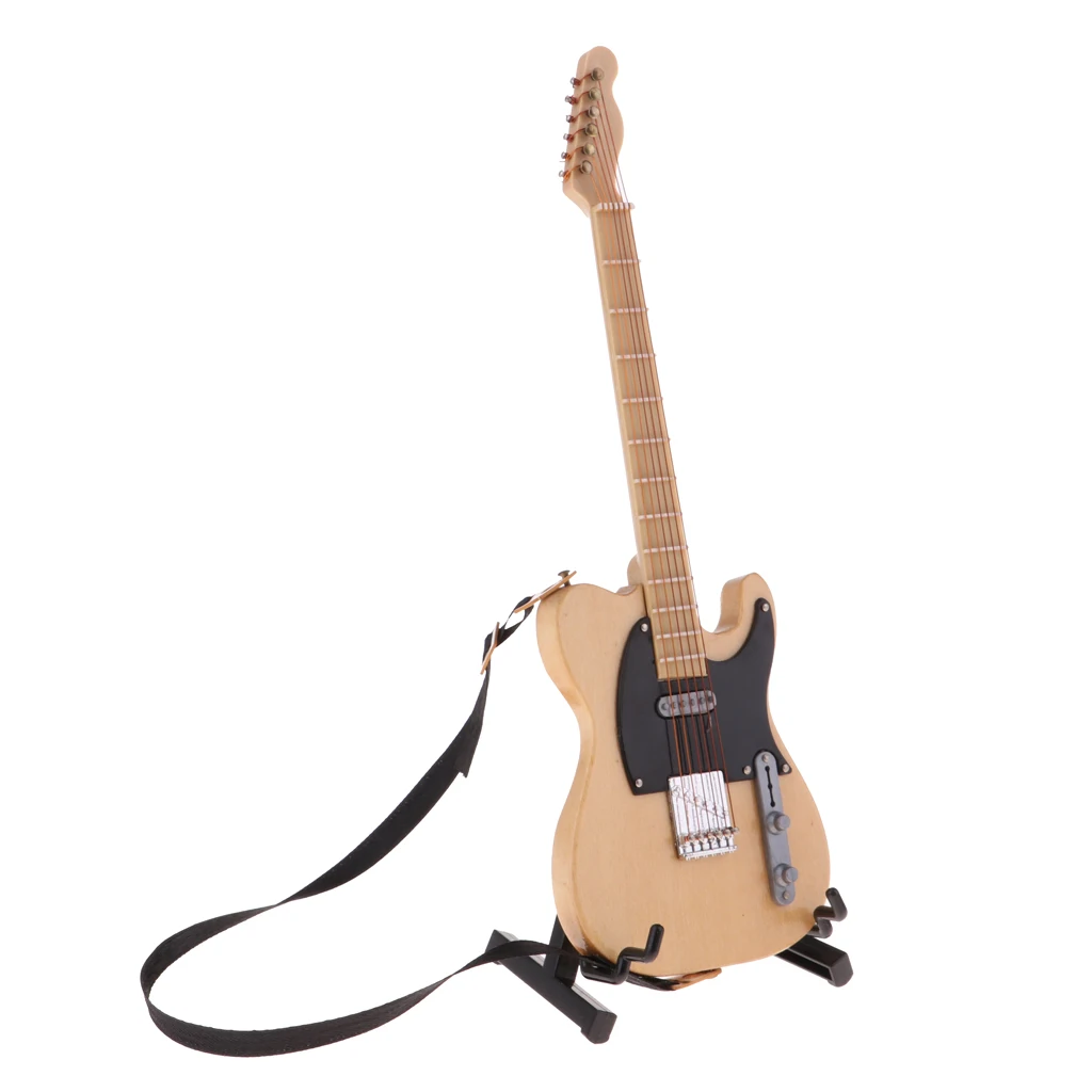 1/6 Mini Kids Toy Guitar Musical Instrument Miniature Dollhouse Model Home decoration with Stand for Music Room (Beige)