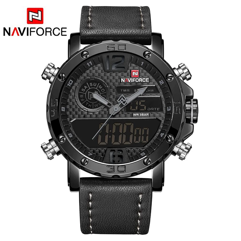 NAVIFORCE для мужчин s часы с двойным дисплеем мужской кожаный спортивные часы кварцевые светодиодный цифровые часы водонепроница - Цвет: BGYB