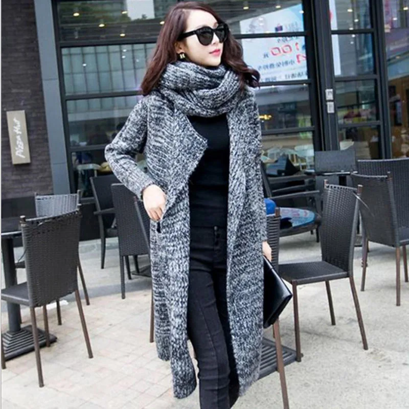 

ZADORIN Cardigans Women Winter Tops Scarf Long Sleeve Turn Down Collar Long Knitted Sweater Korean Style Women Black Cardigan