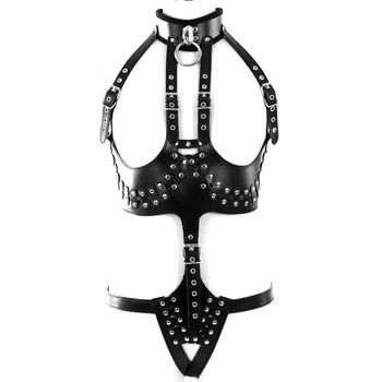

Set Body Harness Leather Plus Size Body Cage Hollow Out Full Metal Rivet Chain Lingerie Fashion Punk Gothic Adjust Festival Rave