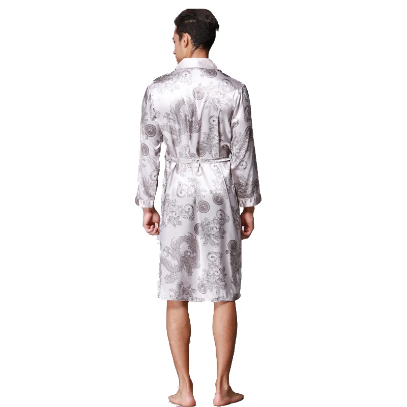 Для мужчин кимоно Халаты с длинным рукавом атласная Дракон Pattern шелковые пижамы Для ванной Халаты Для ванной Халат отложным воротником