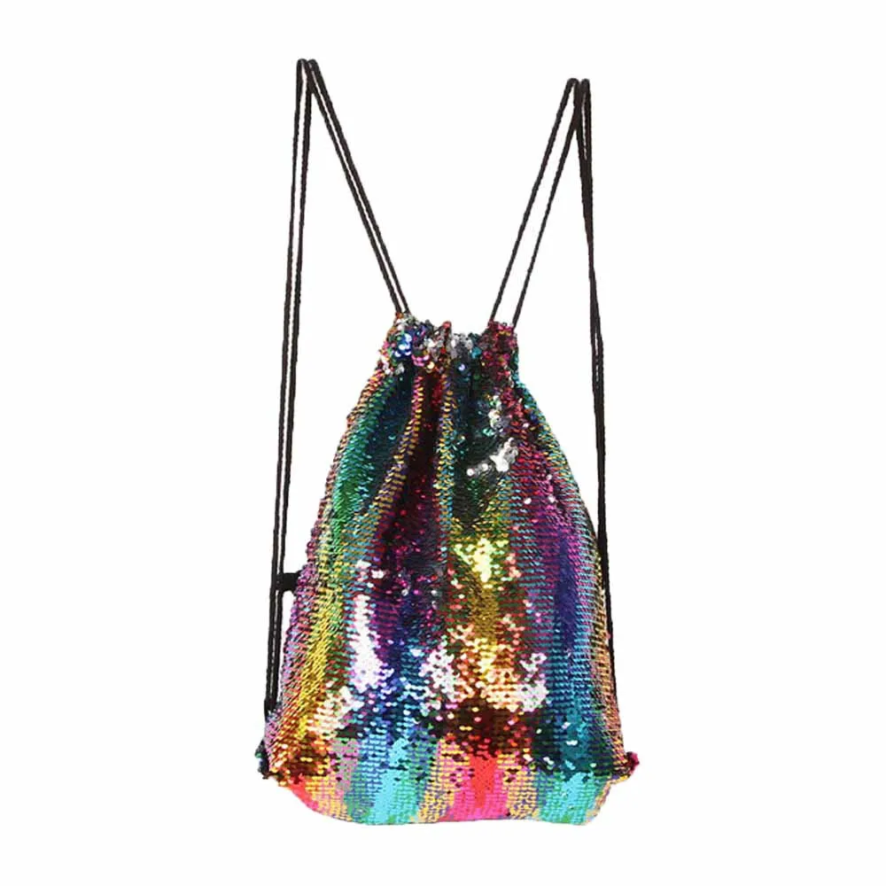 

Sequins Multicolor Drawstring Bag woman Satchel Backpack Bags Schoolbag Bundle Pocket Drawstring Storage Rucksack #Zer