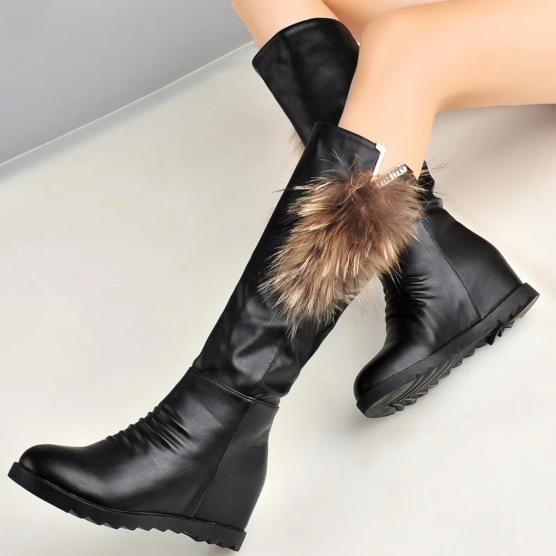 fashion winter black soft PU knee high boots for women winter cute real