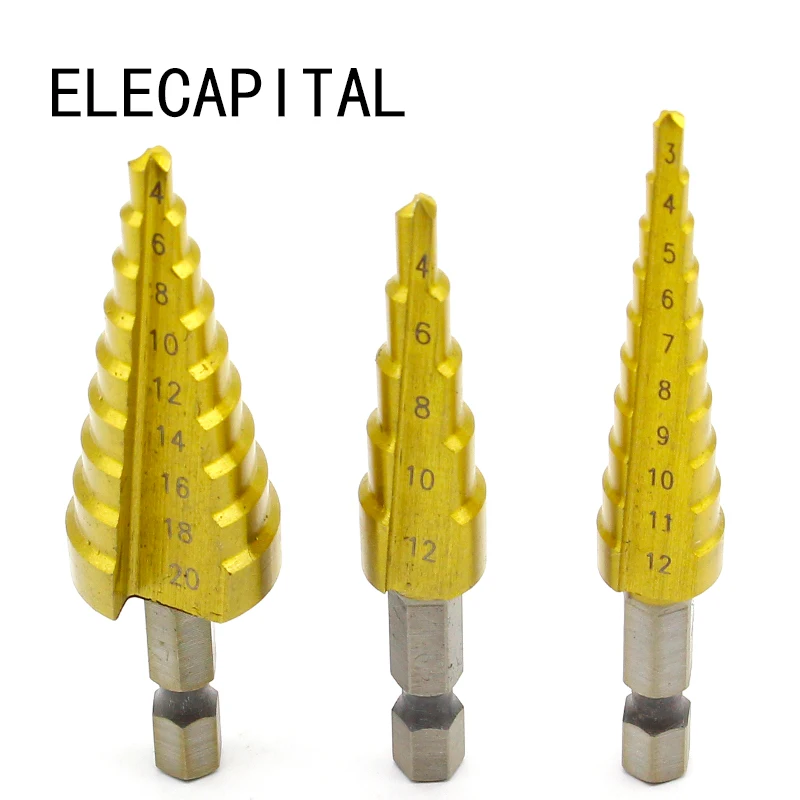 

3pcs HSS Steel Titanium Step Drill Bits 3-12mm 4-12mm 4-20mm Step Cone Cutting Tools Steel Woodworking Wood Metal Drilling Set
