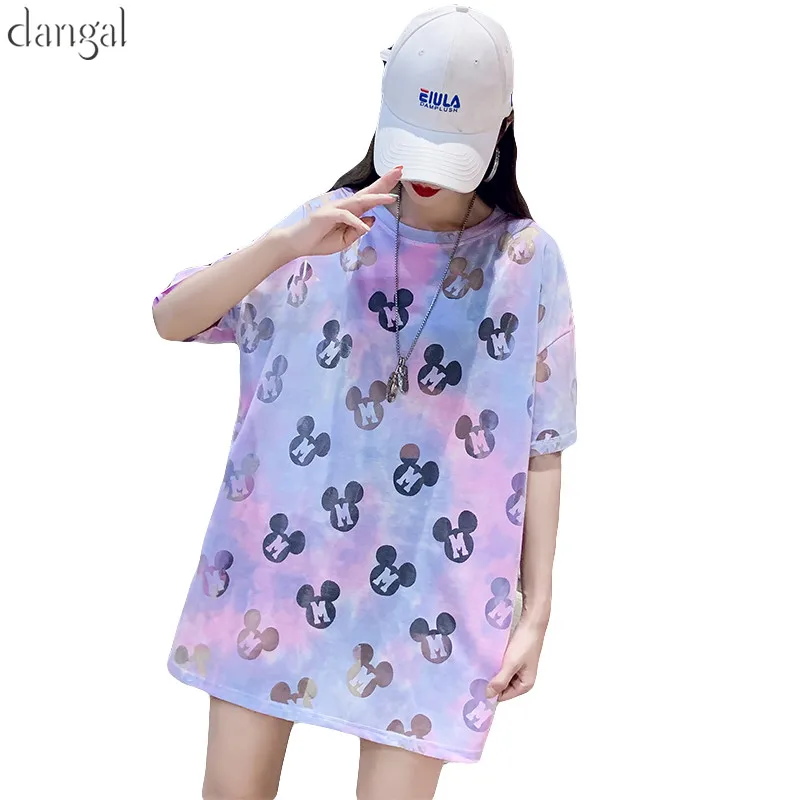 

Plus Size Harajuku Female Short Sleeve Women T-Shirt Summer O-Neck Cute Tops Cartoon Mickey Gradient Long T-Shirts for Girl 2019