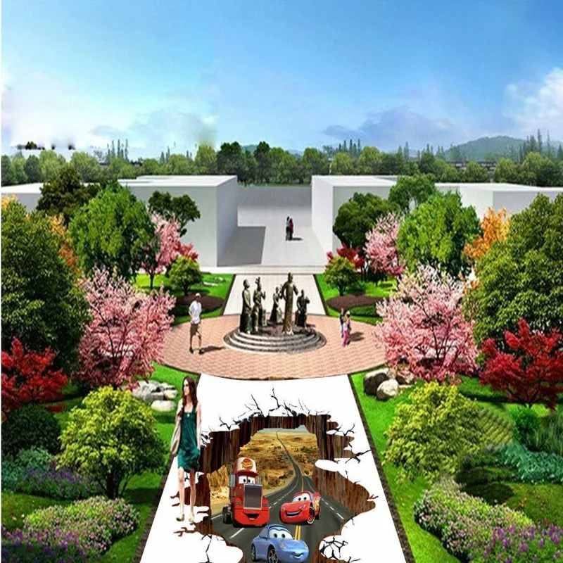 

Free Shipping 3D car family cartoon flooring painting wallpaper kitchen study self-adhesive floor wallpaper mural