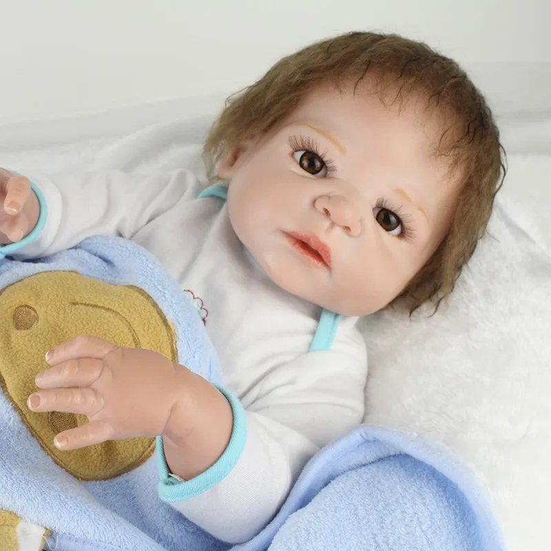 

55cm boy Baby Reborn Realisting full Silicone Body With real baby blue clothes Toys For Children Fake baby Doll bath Toy gift