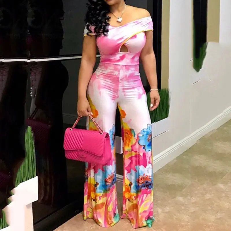 

Sexy Off Shoulder Long Jumpsuit Women Color Printed Backless Rompers Wide Leg Pants High Waist Jumpsuits Summer Overalls Female