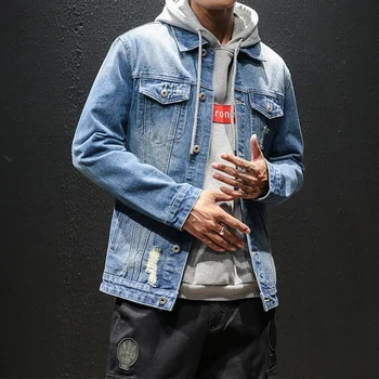 

YASUGUOJI New 2019 Japan Style Vintage Loose Light Blue Jeans Men Jacket Fashion Hole Letter Embroidery Mens Denim Jacket