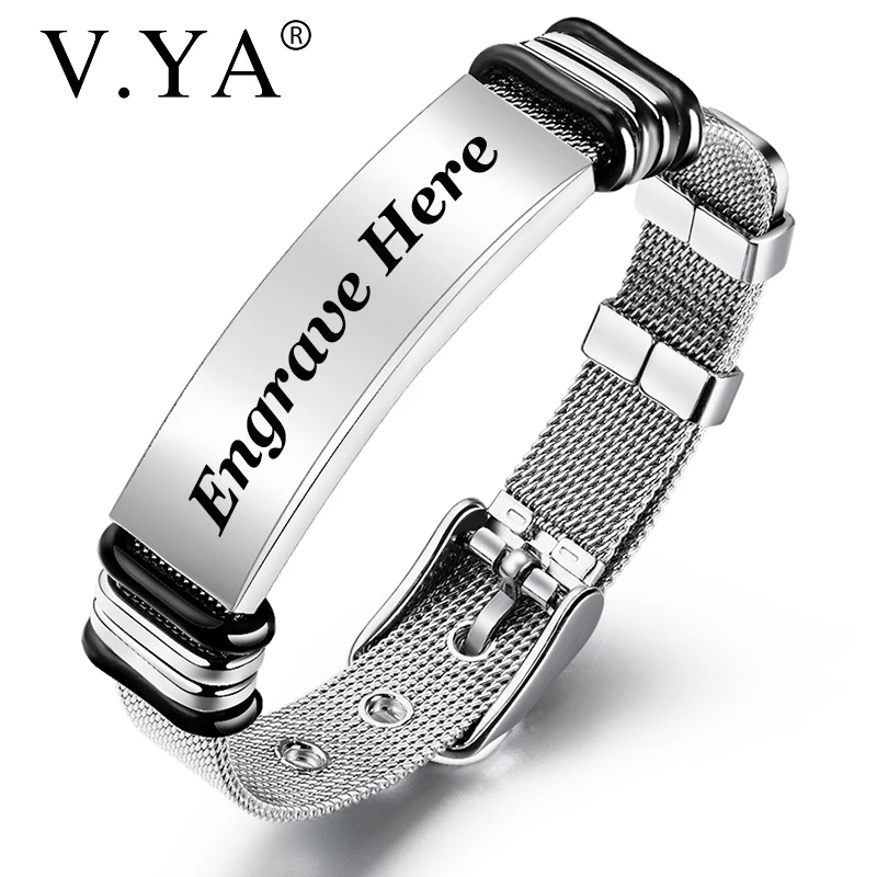 

V.YA Fashion Customized Black Men Bracelet Stainless Steel Personalized Silver Bracelet Engrave Bangle For Men Jewelry Gift