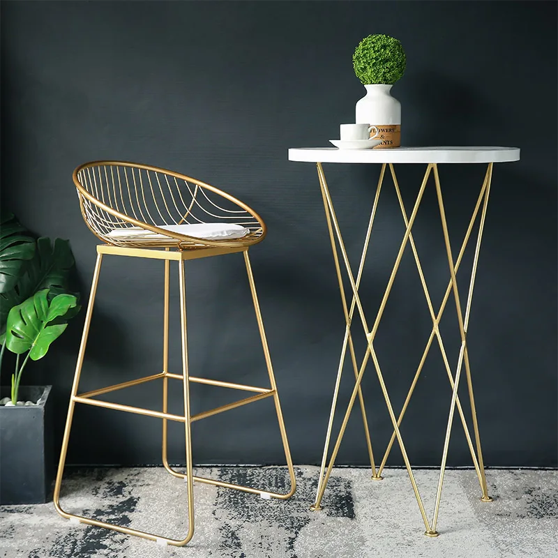 

Fashion Nordic Bar Stool Bar Chair Creative Coffee Chair Gold High Stool Simple Dining Chair Wrought Iron with Soft Cushion