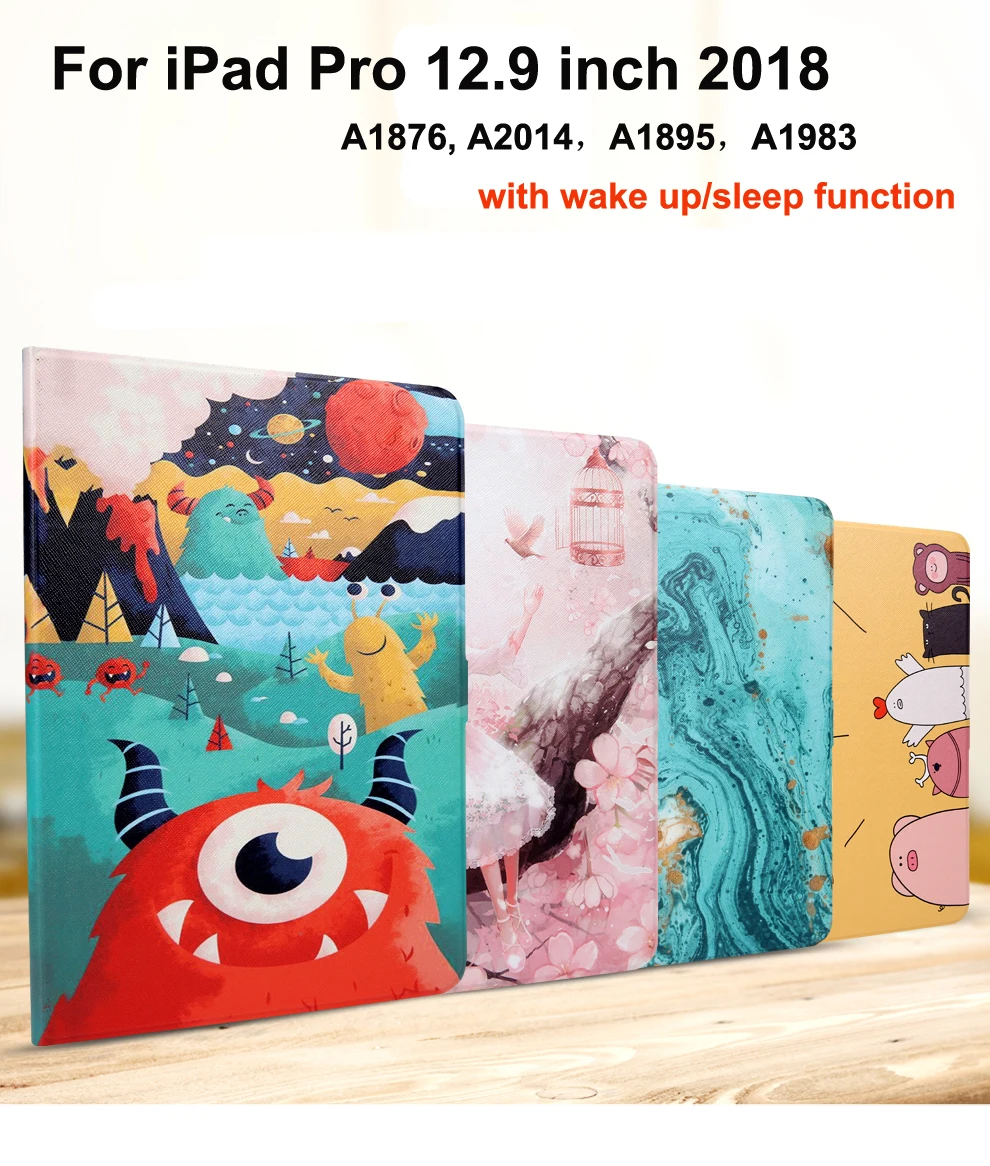

High Quality PU Leather Case for iPad Pro 12.9 2018 Cover Wake/Sleep Tablet Protective Sleeve Cartoon Animal Prints Stand Case