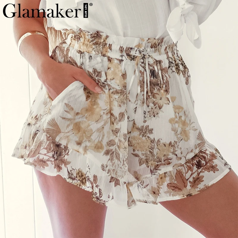 

Glamaker Sexy chiffon print high waist short Women loose ladies summer white shorts Female ruffles party club beach mini shorts