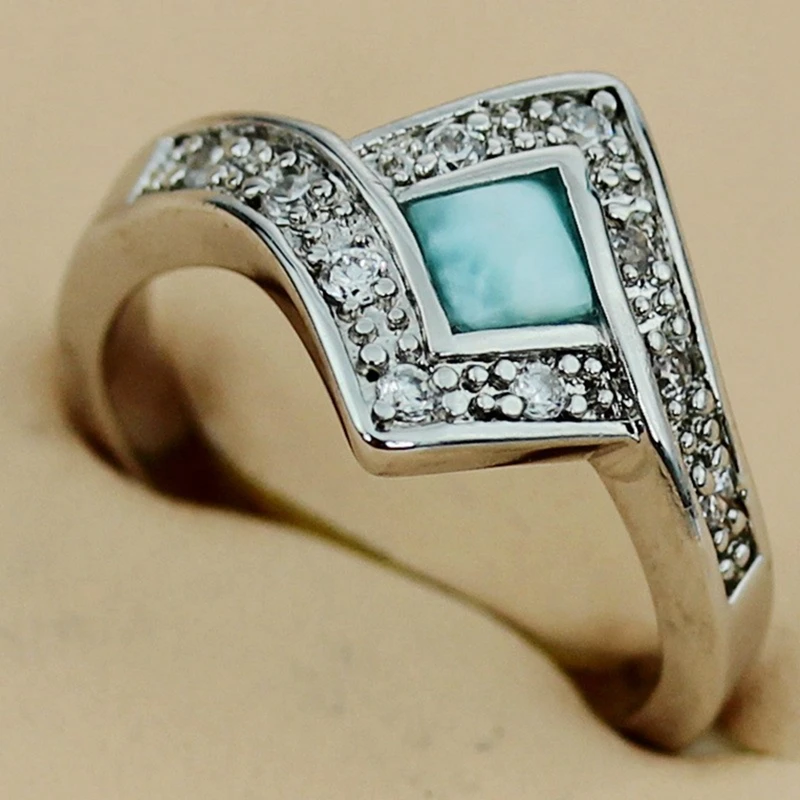 

SHUNXUNZE Larimar Natural Stone and little White Cubic Zirconia wedding rings for men and women Rhodium Plated R3540 size 7 8