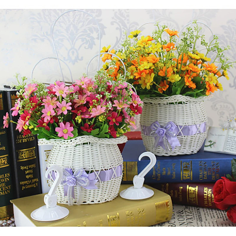 1 Set Rural Daisy Wall Mounted White Plastic Basket Artificial Flowers Home Wedding Bridal Shop