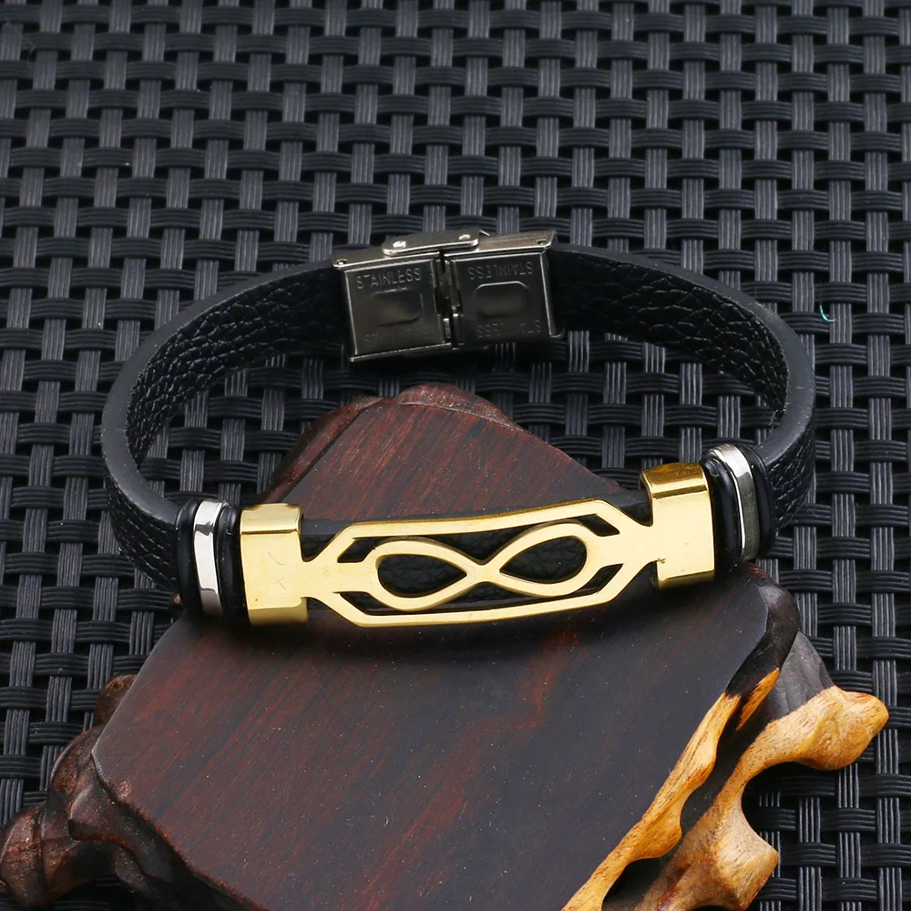 

2018 fashion jewelry Stainless Steel Infinity pattern bracelet high quality Men Leather Wristband bracelets & bangles pulseira