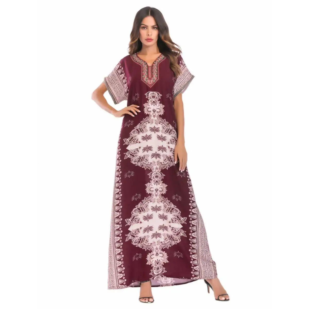 

2019 Summer Vintage Ethnic Embroidery Print Maxi Dress Urban Casual Women Muslim Dress Islamic Arabic Dubai Abaya VKDR1587
