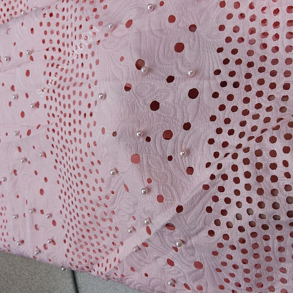

Unique flower laser cut lace fabric peach color polyester high quality material african lace fabric with beads BZL-52020