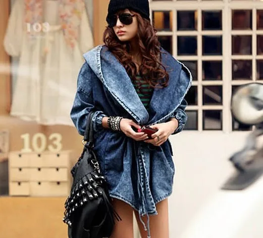 Greatest  Hooded Drawstring Waist Irregular Denim Jacket Cloak 2016 Winter Parkas High-Quality Women Jeans Ch